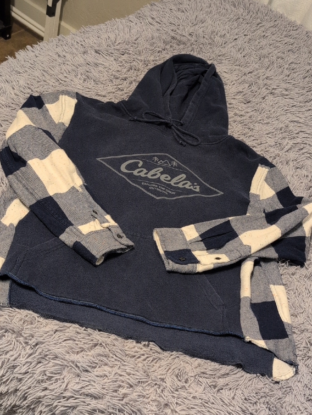 Cabela's Navy Hoodie with Cream and Light Blue Striped Sleeves